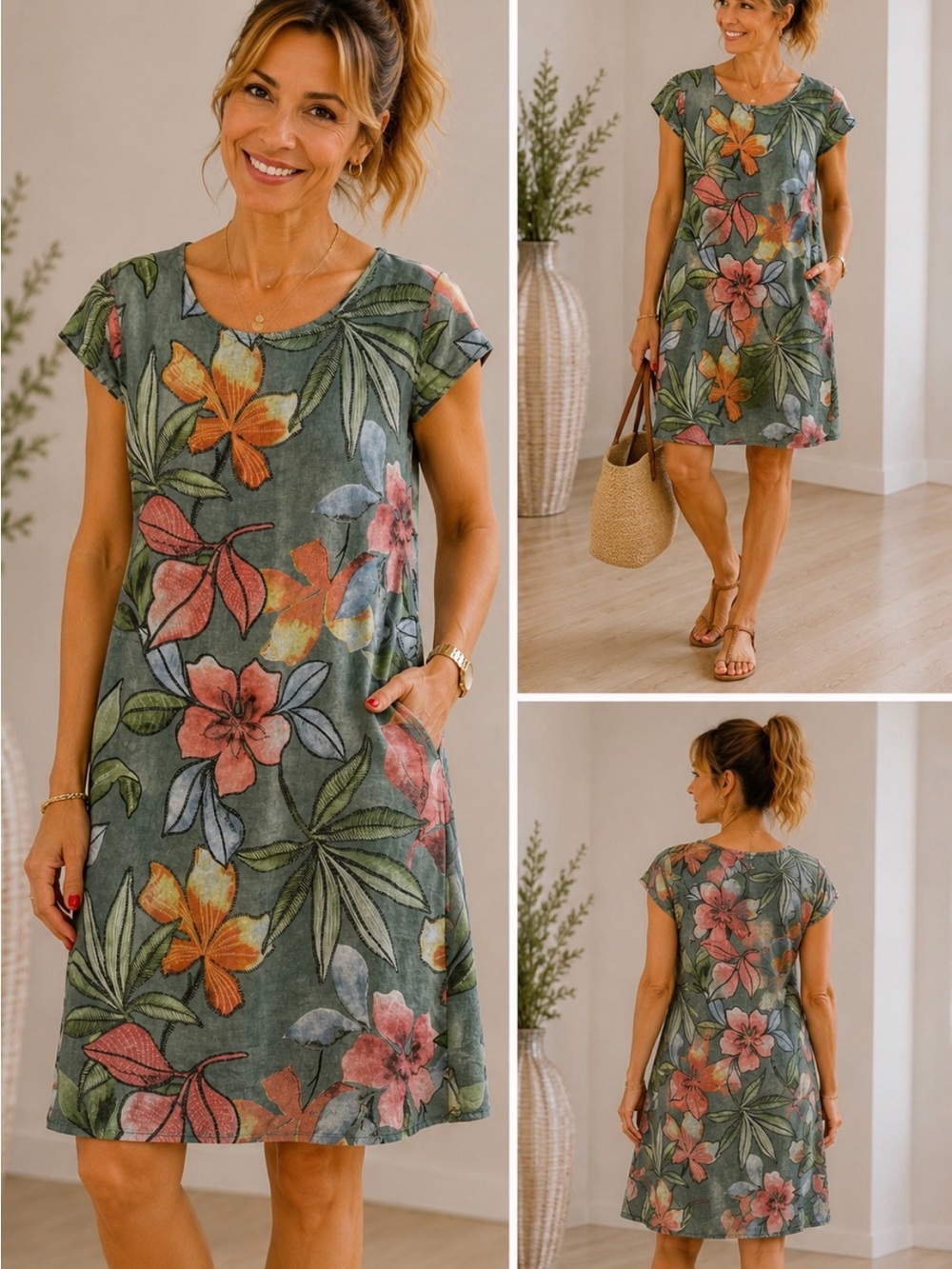 Floral Cotton Linen Mini Dress in Teal